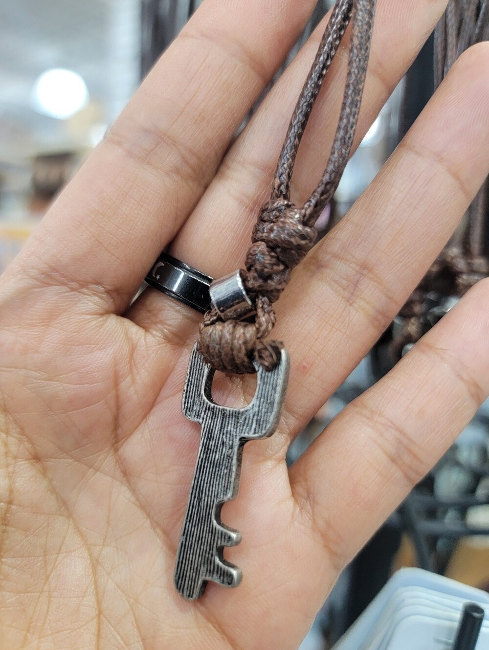 Antique Silver Key Pendant Necklace with Brown Cord
